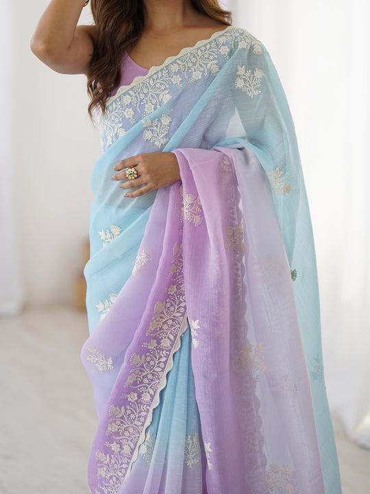 Multi Colour Shimmer Silk Sequins Embroidery Work With Cut Work Border Saree With Blouse Piece
