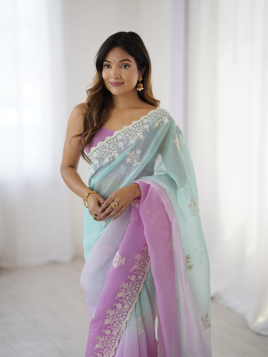 Multi Colour Shimmer Silk Sequins Embroidery Work With Cut Work Border Saree With Blouse Piece