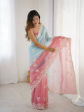Multi Colour Shimmer Silk Sequins Embroidery Work With Cut Work Border Saree With Blouse Piece