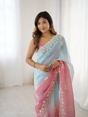 Multi Colour Shimmer Silk Sequins Embroidery Work With Cut Work Border Saree With Blouse Piece
