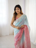 Multi Colour Shimmer Silk Sequins Embroidery Work With Cut Work Border Saree With Blouse Piece