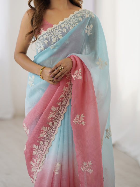 Multi Colour Shimmer Silk Sequins Embroidery Work With Cut Work Border Saree With Blouse Piece