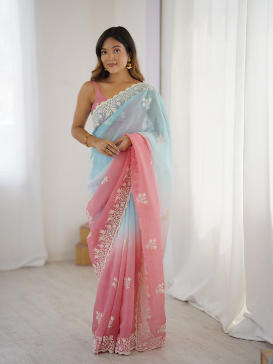 Multi Colour Shimmer Silk Sequins Embroidery Work With Cut Work Border Saree With Blouse Piece