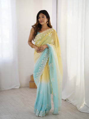 Multi Colour Shimmer Silk Sequins Embroidery Work With Cut Work Border Saree With Blouse Piece