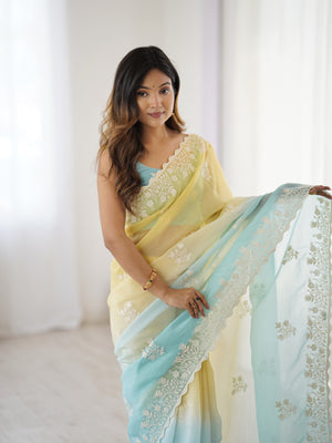 Multi Colour Shimmer Silk Sequins Embroidery Work With Cut Work Border Saree With Blouse Piece