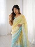 Multi Colour Shimmer Silk Sequins Embroidery Work With Cut Work Border Saree With Blouse Piece