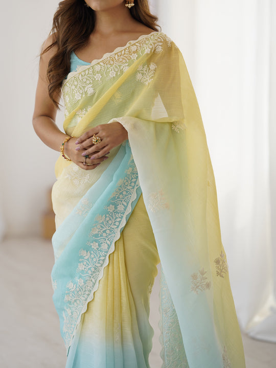 Multi Colour Shimmer Silk Sequins Embroidery Work With Cut Work Border Saree With Blouse Piece