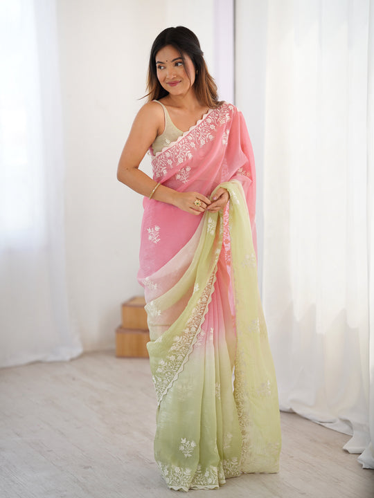 Multi Colour Shimmer Silk Sequins Embroidery Work With Cut Work Border Saree With Blouse Piece