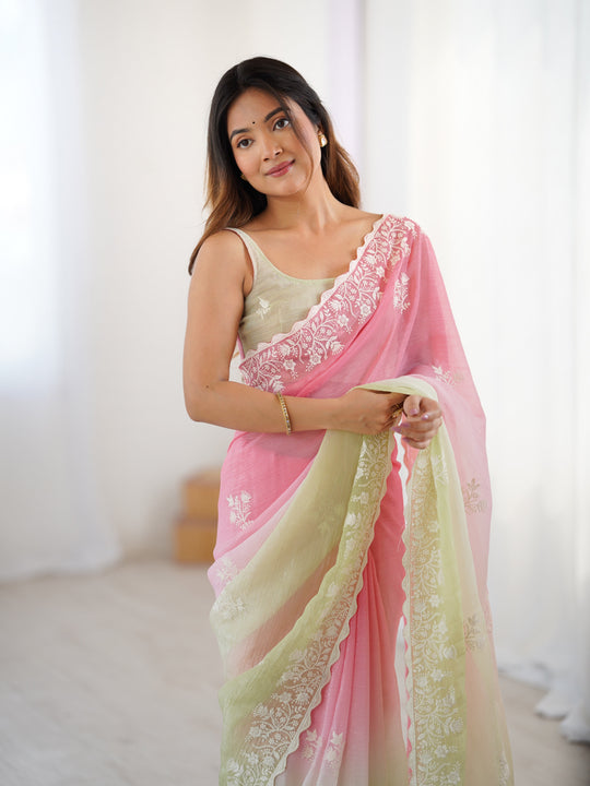 Multi Colour Shimmer Silk Sequins Embroidery Work With Cut Work Border Saree With Blouse Piece