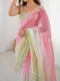 Multi Colour Shimmer Silk Sequins Embroidery Work With Cut Work Border Saree With Blouse Piece