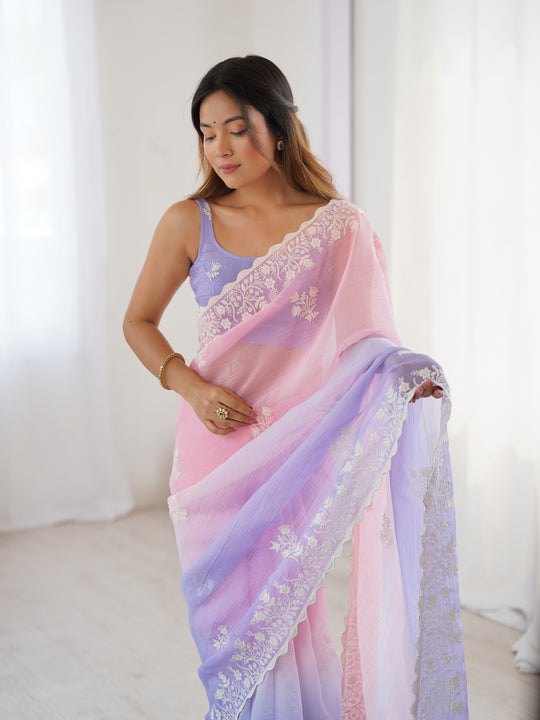 Multi Colour Shimmer Silk Sequins Embroidery Work With Cut Work Border Saree With Blouse Piece