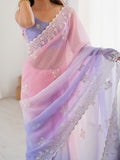Multi Colour Shimmer Silk Sequins Embroidery Work With Cut Work Border Saree With Blouse Piece