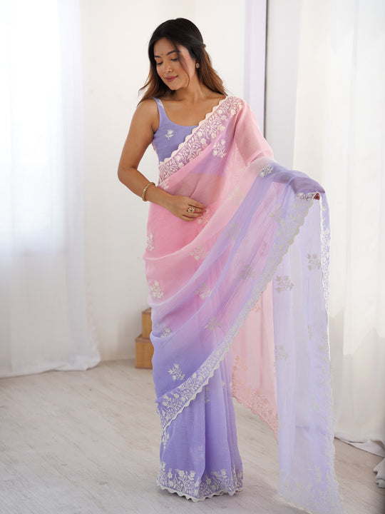 Multi Colour Shimmer Silk Sequins Embroidery Work With Cut Work Border Saree With Blouse Piece