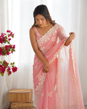 Peach Shimmer Silk Sequins Embroidery Work With Cut Work Border Saree With Blouse Piece
