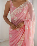 Peach Shimmer Silk Sequins Embroidery Work With Cut Work Border Saree With Blouse Piece