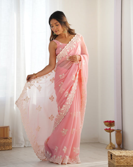 Peach Shimmer Silk Sequins Embroidery Work With Cut Work Border Saree With Blouse Piece