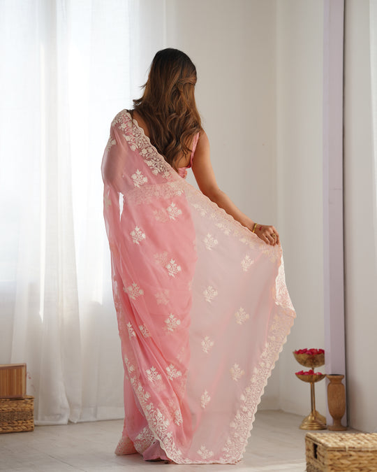 Peach Shimmer Silk Sequins Embroidery Work With Cut Work Border Saree With Blouse Piece