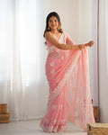Peach Shimmer Silk Sequins Embroidery Work With Cut Work Border Saree With Blouse Piece