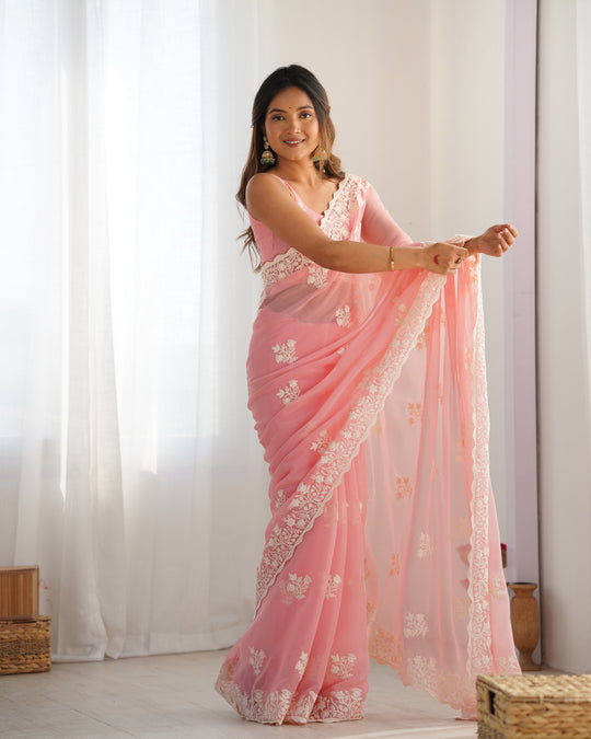 Peach Shimmer Silk Sequins Embroidery Work With Cut Work Border Saree With Blouse Piece