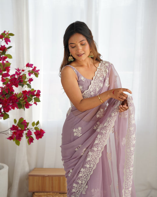 Lavender Shimmer Silk Sequins Embroidery Work With Cut Work Border Saree With Blouse Piece