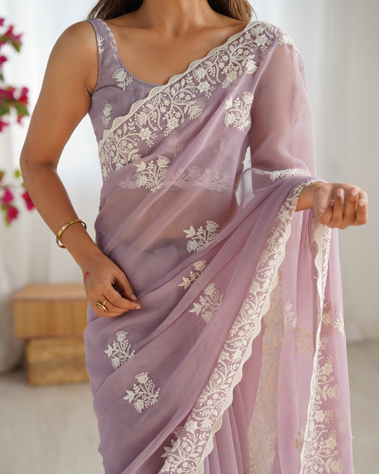 Lavender Shimmer Silk Sequins Embroidery Work With Cut Work Border Saree With Blouse Piece