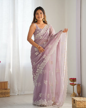 Lavender Shimmer Silk Sequins Embroidery Work With Cut Work Border Saree With Blouse Piece