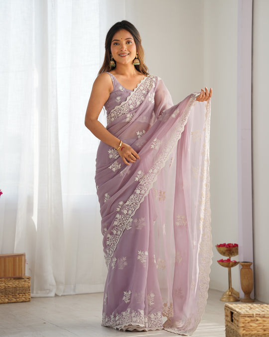 Lavender Shimmer Silk Sequins Embroidery Work With Cut Work Border Saree With Blouse Piece