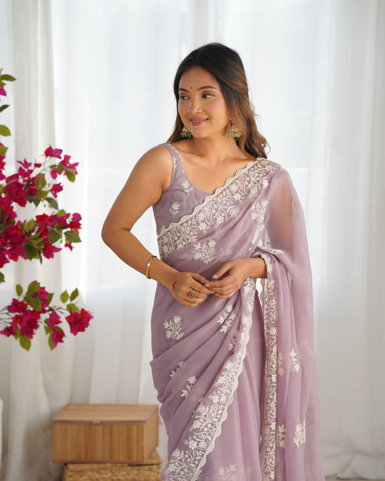 Lavender Shimmer Silk Sequins Embroidery Work With Cut Work Border Saree With Blouse Piece