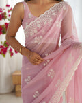 Pink Shimmer Silk Sequins Embroidery Work With Cut Work Border Saree With Blouse Piece