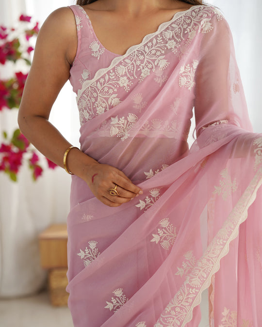 Pink Shimmer Silk Sequins Embroidery Work With Cut Work Border Saree With Blouse Piece