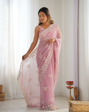 Pink Shimmer Silk Sequins Embroidery Work With Cut Work Border Saree With Blouse Piece