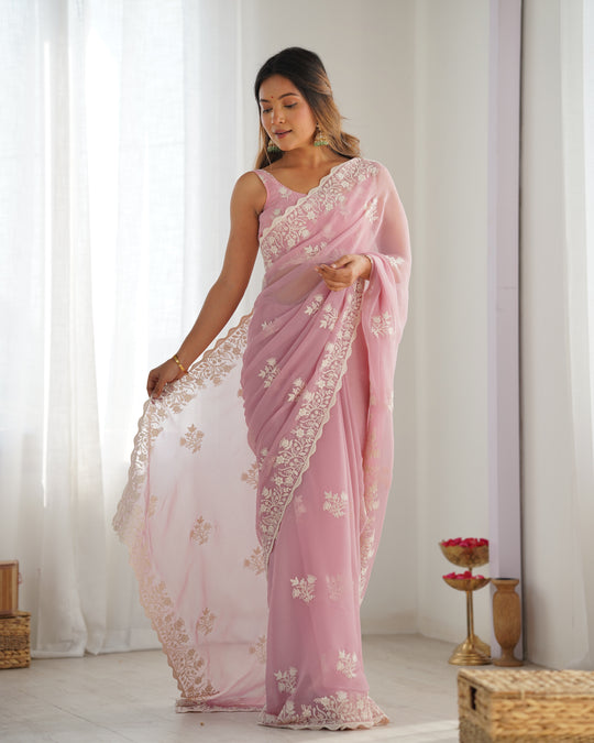 Pink Shimmer Silk Sequins Embroidery Work With Cut Work Border Saree With Blouse Piece