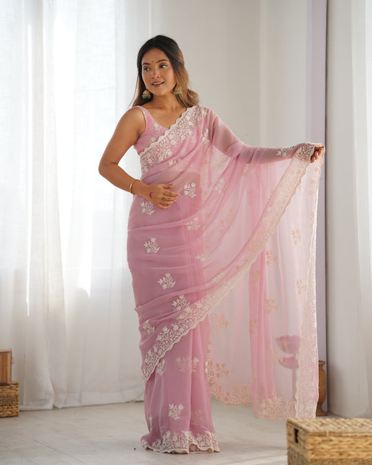 Pink Shimmer Silk Sequins Embroidery Work With Cut Work Border Saree With Blouse Piece