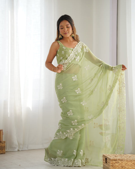 Green Shimmer Silk Sequins Embroidery Work With Cut Work Border Saree With Blouse Piece