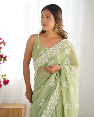 Green Shimmer Silk Sequins Embroidery Work With Cut Work Border Saree With Blouse Piece