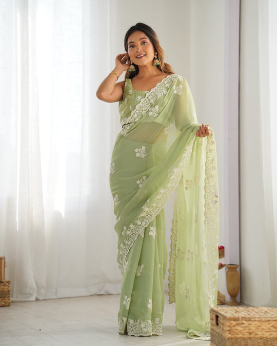 Green Shimmer Silk Sequins Embroidery Work With Cut Work Border Saree With Blouse Piece