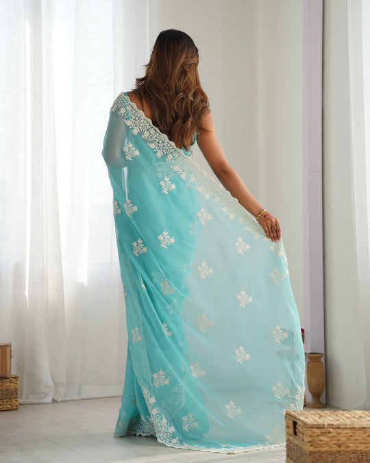 Sky Blue Shimmer Silk Sequins Embroidery Work With Cut Work Border Saree With Blouse Piece