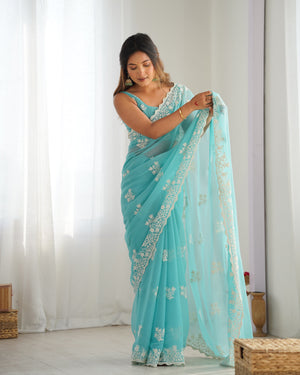 Sky Blue Shimmer Silk Sequins Embroidery Work With Cut Work Border Saree With Blouse Piece