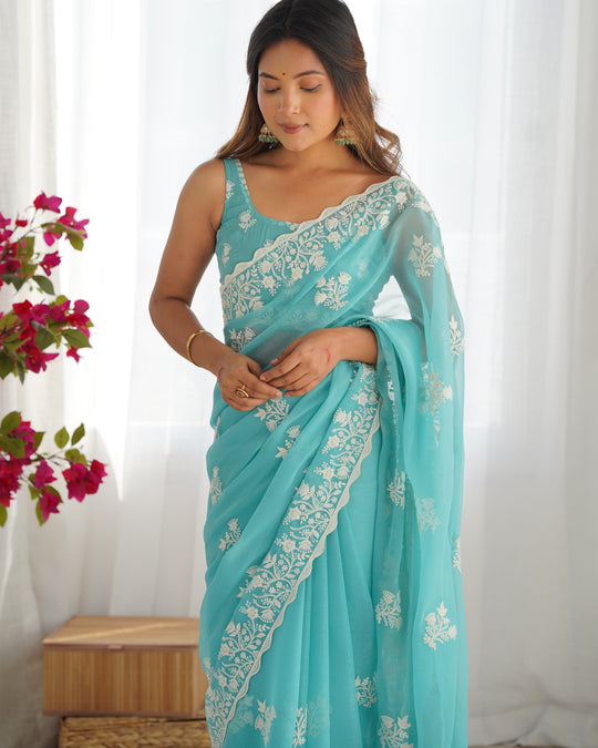 Sky Blue Shimmer Silk Sequins Embroidery Work With Cut Work Border Saree With Blouse Piece