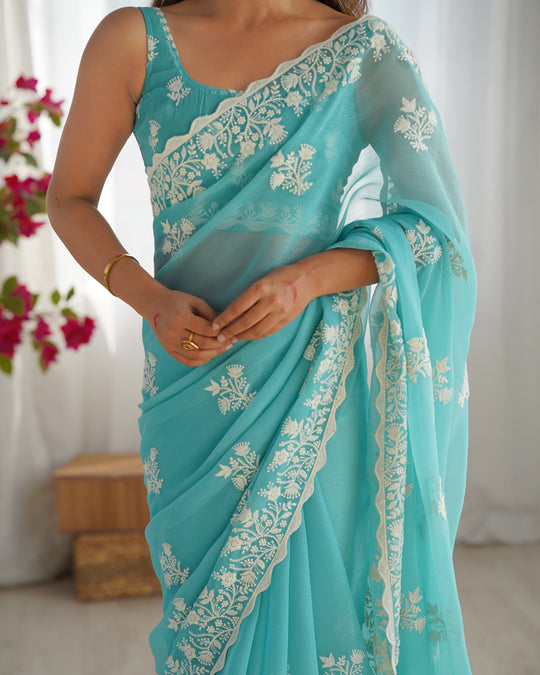 Sky Blue Shimmer Silk Sequins Embroidery Work With Cut Work Border Saree With Blouse Piece