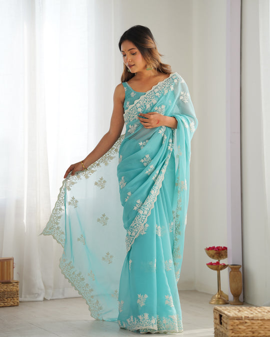 Sky Blue Shimmer Silk Sequins Embroidery Work With Cut Work Border Saree With Blouse Piece