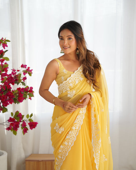 Yellow Shimmer Silk Sequins Embroidery Work With Cut Work Border Saree With Blouse Piece