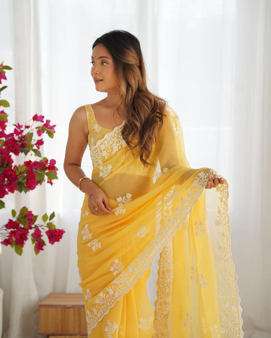 Yellow Shimmer Silk Sequins Embroidery Work With Cut Work Border Saree With Blouse Piece