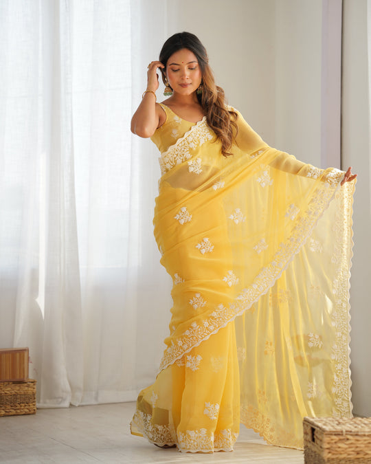 Yellow Shimmer Silk Sequins Embroidery Work With Cut Work Border Saree With Blouse Piece