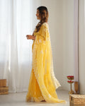 Yellow Shimmer Silk Sequins Embroidery Work With Cut Work Border Saree With Blouse Piece