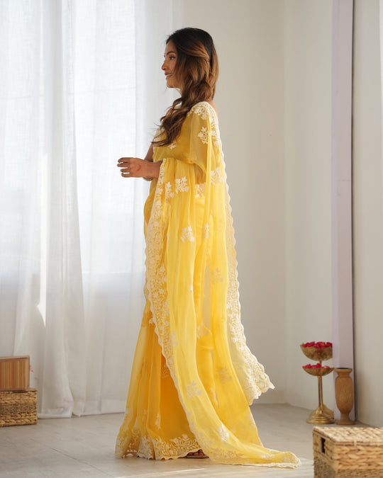 Yellow Shimmer Silk Sequins Embroidery Work With Cut Work Border Saree With Blouse Piece
