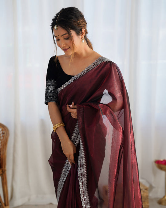 Maroon Twill Net 3 Mm Seqwance Work With Rich Gold Zari Work Saree With Blouse Piece