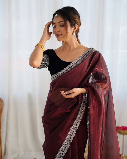 Maroon Twill Net 3 Mm Seqwance Work With Rich Gold Zari Work Saree With Blouse Piece
