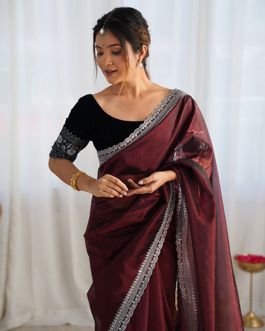 Maroon Twill Net 3 Mm Seqwance Work With Rich Gold Zari Work Saree With Blouse Piece