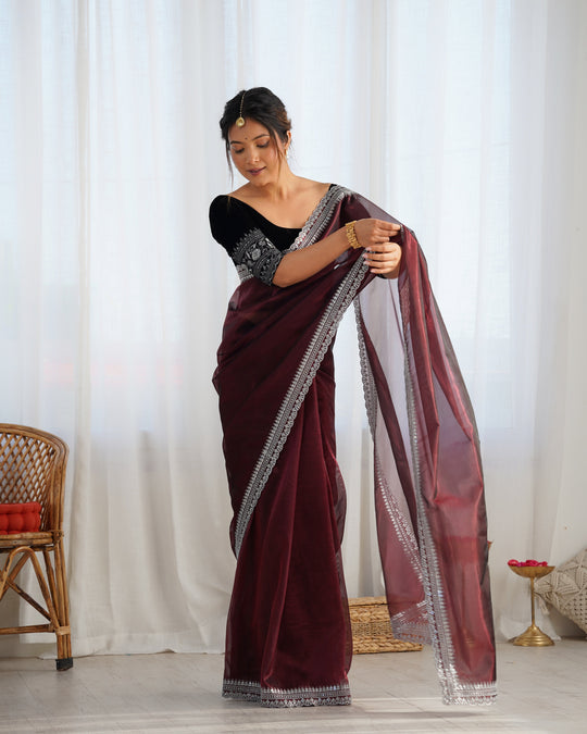 Maroon Twill Net 3 Mm Seqwance Work With Rich Gold Zari Work Saree With Blouse Piece